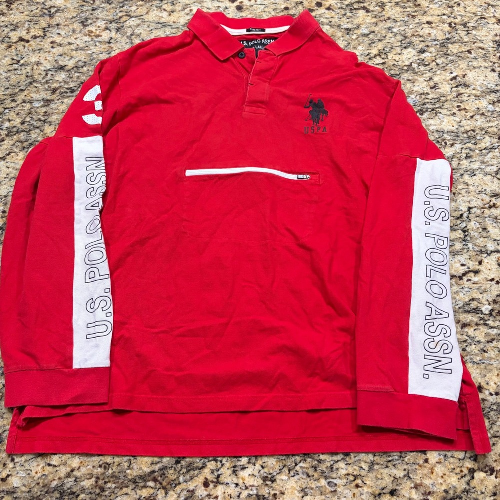 US Polo Assn Mens XXL Red Long Sleeve Polo Shirt Zip Pocket Stretch Pique Logo